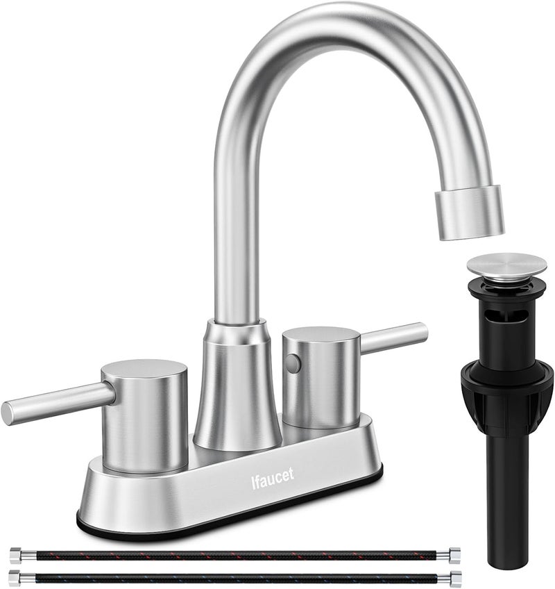 Ifaucet Bathroom Faucets, Bathroom Faucet 3 Hole, Bathroom Sink Faucet, Faucet for Sink 4 Inch 2 Handle Centerset, Lead-Free, with Copper Pop Up Drain (Brushed Nickel) - Image 1